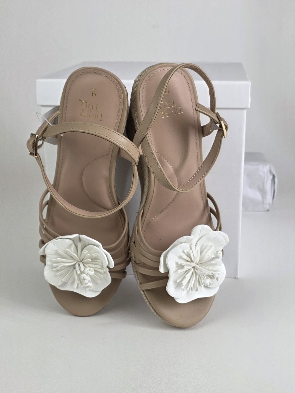 Taupe Floral Espadrille Wedge Sandals with White Flower Accent!